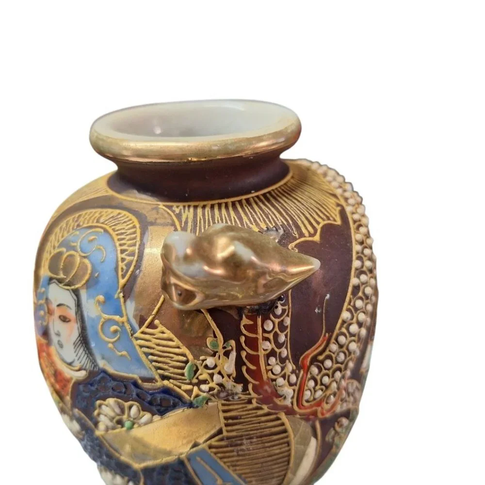 Japanese Dragon Ware Art Painted Gold Accents Vintage 6.5 Inches Tall Small Vase